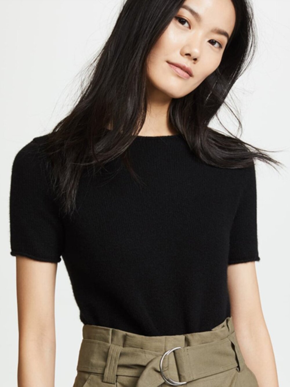 NWT $255 Theory Tolleree Black Rolled Short Sleeve Cashmere Knit Sweater S